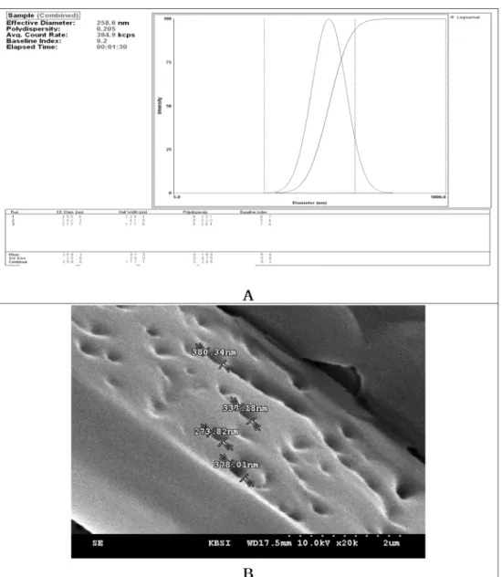 Fig. 2. Distribution of TDS nanoparticle solution using dynamic light scattering (DLS) and Surface of TDS particles by scanning electron microphotographs (SEM)