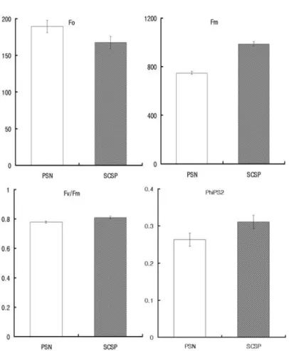 Fig. 1. Changes in Fo, Fm, Fv/Fm and PhiPS2 at different shading material. 
