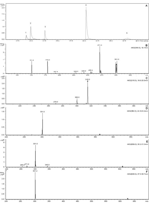 Fig. 3.  LC/ESI/MS analysis of  S. herbacea  L. (powder) for separation and identification of five flavonoid (A : 1