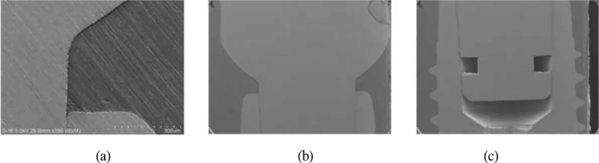 Fig. 15. FE-SEM view of Load 2 : conventional abutment. (a: x150, b: x25. c: x25)