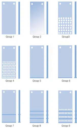 Fig. 1. Configuration of specimens. Group 1 : plain ; Group 2 : just polished ; Group 3 : 3mm holes ; Group 4 : 2mm holes