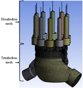 Fig. 4 Computational grid system 여  기본  경계조건으로  설정하였다 .  또한,  토출구의  압력과  사 판각도가  유동특성에  미치는  영향을  연구하기  위해  Table 1과  같이  토출압력조건과  사판각도를  변화하면서  해석을  수행하 였다