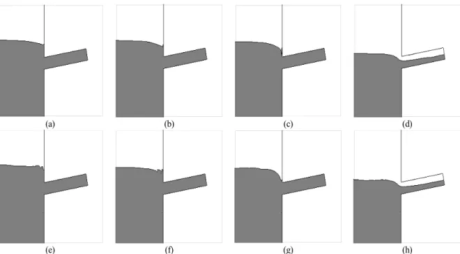 Fig. 6 Comparison of free surface shape according to location around taphole for (a)-(d) without porosity and (e)-(h) with porosity