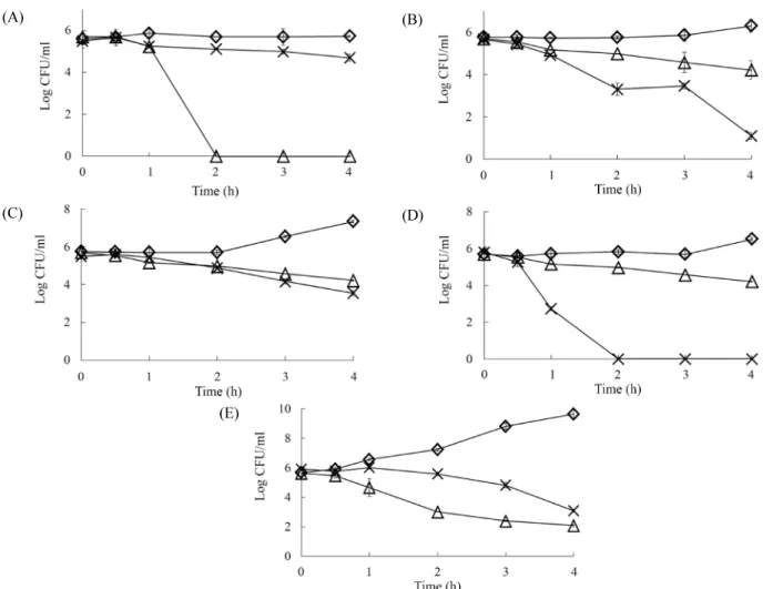 Fig. 1. Growth of C. albicans ATCC10231 (A) B. subtilis ATCC19659 (B) S. aureus ATCC6538 (C) P