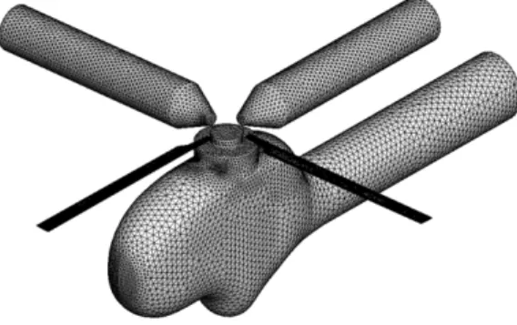Fig. 2 Blades and Fuselage Surface Meshes Table 3는  각  계산조건에  대한  격자계의  정보를  보여준다.  각  격자크기에  따라  약  580만개에서  1,460만개의  격자점이  사용 되었다 