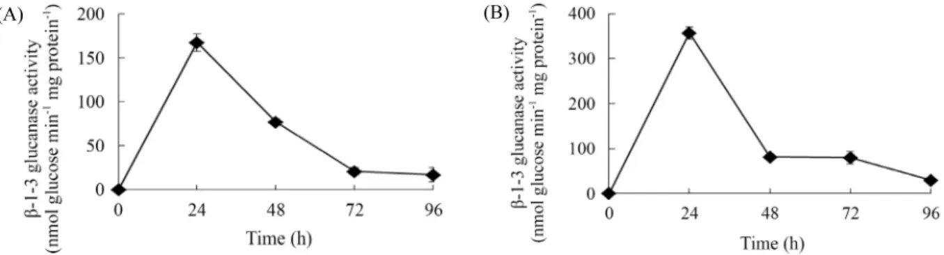 Fig. 4. Change of β-1,3-glucanase activity of B. subtilis DS660 (A) and P. polymyxa DS842 (B) during incubation in LB medium.