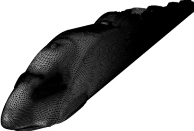 Fig. 1 Aerodynamic model of HEMU-430X high-speed train 결정되어야  하기  때문에  큰  폭의  공기저항  저감을  기대하기 는  힘들다