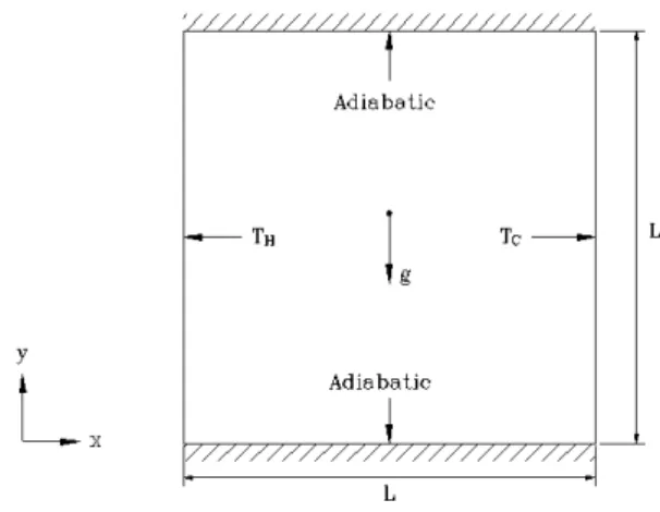 Fig. 1 A schematic diagram of square cavity 3.  결과  및  고찰 Fig. 1은  본  연구에서  고려된  정사각형  공동을  보여준다