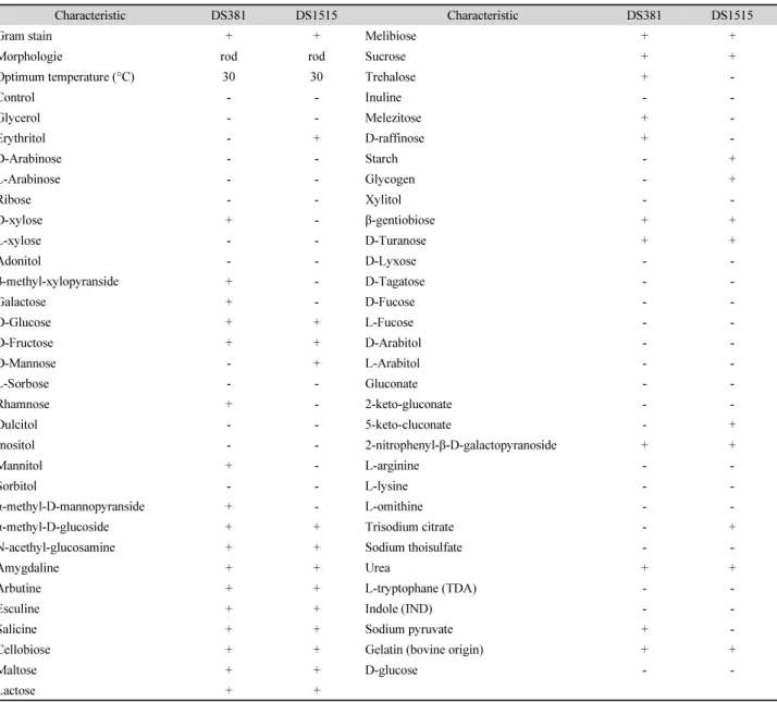 Table 2. Biochemical characteristics of strain DS381 and DS1515 using API kit (50CHB and 20E)
