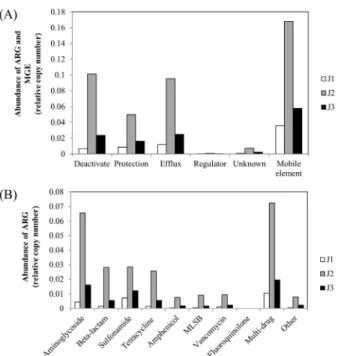 Fig. 1. Total number (A) and total abundance (B) of antibiotic resistant 