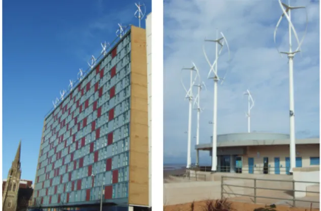 Fig. 1 Roof top mounted VAWT (England) 수직축  풍력발전기의  경우  수평축에  비해  보다  다양한  형태 의  모델들이  있으며 ,  수직회전  원리상  블레이드  방위각에  따 라  유입흐름  전방에서  통과한  블레이드  후류가  뒤쪽에  위치 한  블레이드와  간섭작용을  일으키게  된다 
