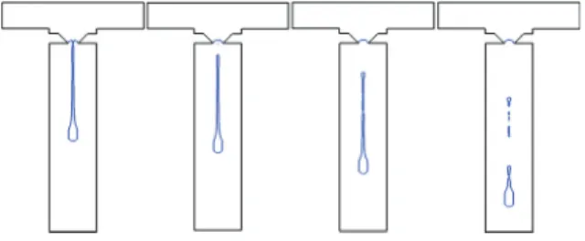 Fig. 9는  case 7의  pinch-off  이후의  액적의  형상변화를  나타 낸다. Ca의  값은  6으로써  표면장력효과  보다  점성효과가  훨 씬  크다는  것을  의미한다