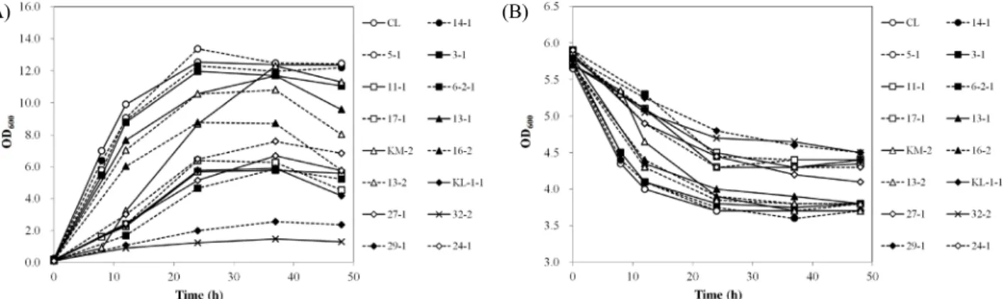Fig. 2. Growth (A) and pH variation (B) of the selected lactic acid bacterial strains in MRS broth