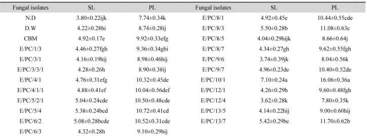 Table 1. Screening for plant growth-promoting activity of WR seedling with FCFs of endophytic fungi isolated from  P
