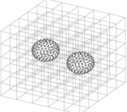 Fig. 3 Discretizations of fluid domain and particle boundaries 하며  여러  작은  조각으로  나뉘어지는  것이  정확하게  표현되 어야  한다