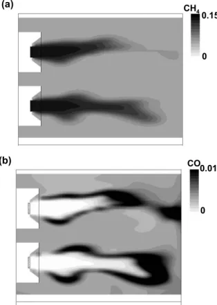 Fig. 3 Flow and thermal fields inside the combustion chamber at  the design condition; (a) Path line; (b) Temperature field