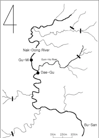 Fig. 1. Sampling sites. Site 1, Gu-Mi, is located near raw drinking  water supply and site 2, Dae-Gu, is the water zone loaded by organics  from the effluents of domestic WWTP in Nak-Dong River.