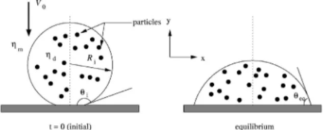 Fig. 1 A schematic description of the 2D drop impact and  spreading on the solid surface with particles inside.