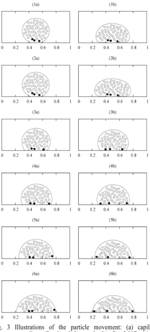 Fig. 3 Illustrations of the particle movement: (a) capillary  spreading (Re=0) (left); and (b) Re=5.867 (right)