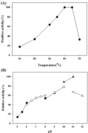 Fig. 1. Effects of reaction temperature (A) and pH (B) on the protease activity. Temperature profile was obtained by measuring the protease activities at pH 7.5 and different temperatures