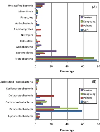 Fig.  1.  Taxonomic  composition  by  phylum  (A)  and  by  class  within  the  phylum  Proteobacteria  (B)  for  the  16S  rRNA  gene  sequences  retrieved  from  the  four  different  activated  sludge  samples.