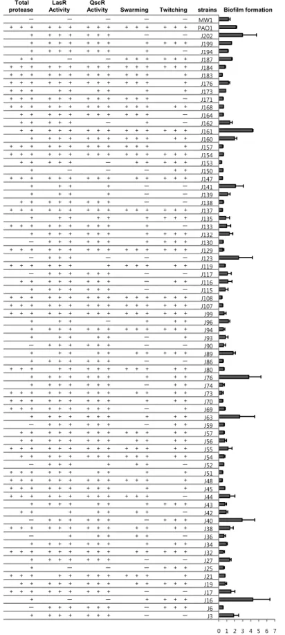 Fig.  3.  Summary  of  the  results  of  the  assays  for  the  total  protease  activity,  biofilm  formation,  swarming  motility,  twitching  motility,  and  QS  signal  production  for  comparison