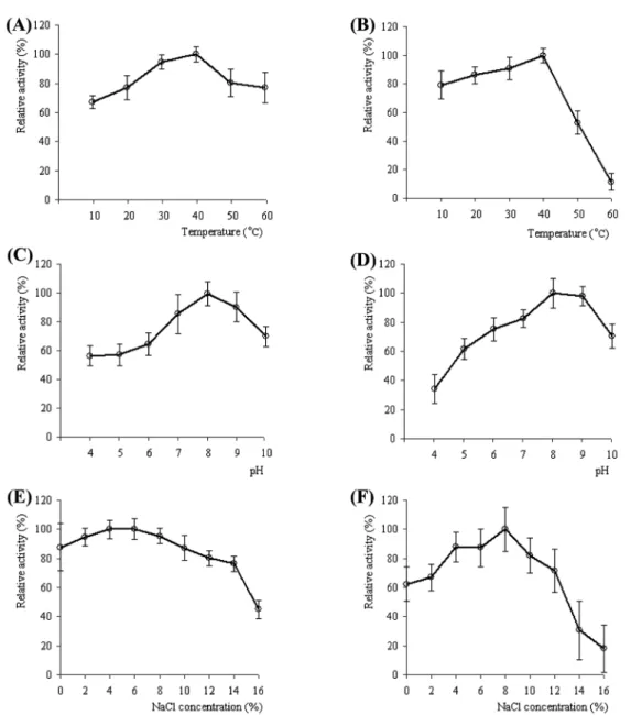Fig. 5.  The activity and stability of purified enzyme. Effect of temperature on enzyme activity (A) and stability (B); Effect of pH on enzyme activity (C) and stability (D); Effect of NaCl concentration on enzyme activity (E) and stability (F).