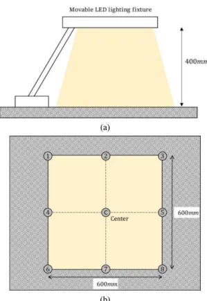 Fig.  2.  KS  C  7656.  (a)  Illuminance  measurement  (side  view).  (b)  Illuminance  measurement  (top  view).
