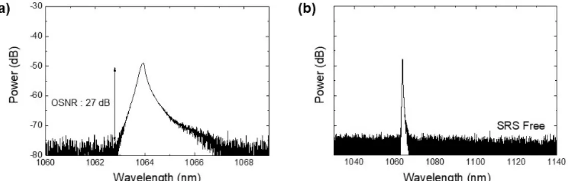 Fig. 9. Measured output spectrum at the maximum output power. (a) Narrow span. (b) Wide span.