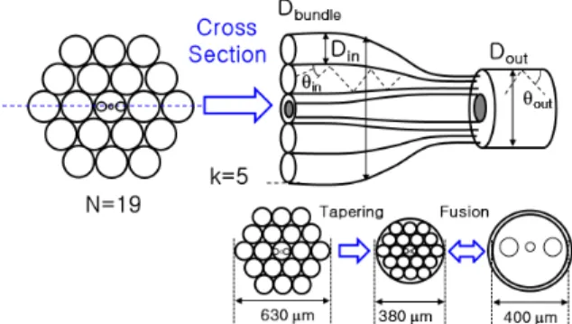 Fig. 1. Modeling of the (18+1)×1 pump combiner for analysis of  the optical coupling efficiency of pump beam