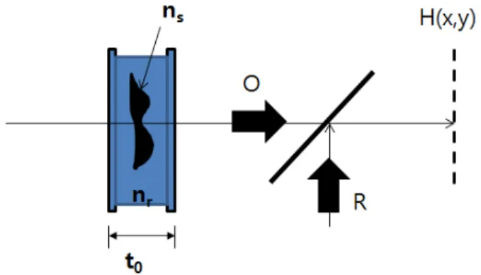 FIG. 1. Shematic diagram of Digital holography microscope with  immersion liquid. R: Reference Beam, O: Objective Beam, BS: 