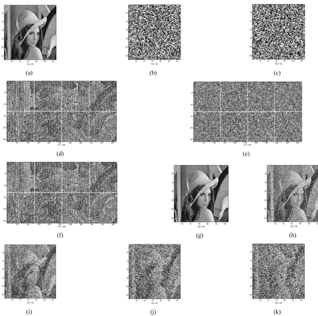 FIG. 6. Computer simulations: (a) a 256 gray-level Lena image to be encrypted(128×128 pixels), (b) a randomly generated binary code as a  security key(K, 128×128 pixels), (c) a randomly generated initial value for CBC encryption algorithm(C 0 , 128×128 pix