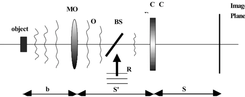 FIG. 1. Digital holography. b; distance between object and objective lens, S’;distance between hologram and objective lens(MO), S; distance  between CCD and reconstructed image plan, R; reference beam, O; objective beam, BS; beam splitter.
