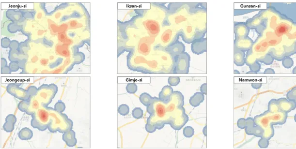 Fig. 2. Kernel density analysis result of elderly pedestrian accidents
