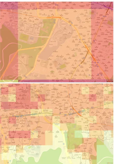 Fig. 8. 1km and 100m resolution convergent grid comparison (1:500 and 1:5,000 scale, Jung-gu, Seoul) 격자 기반 융합정보와 행정경계 기반 융합정보 비교 기존연구에서 융합정보 생성 시 주로 활용되는 공간 단위는 행정경계이다