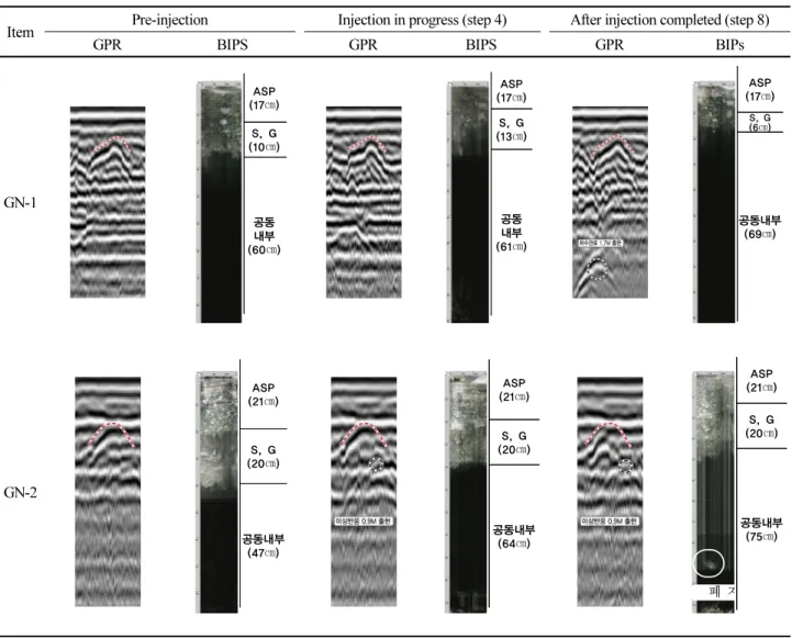 Table 2. Change of GPR waveform and BIPS image by injection step