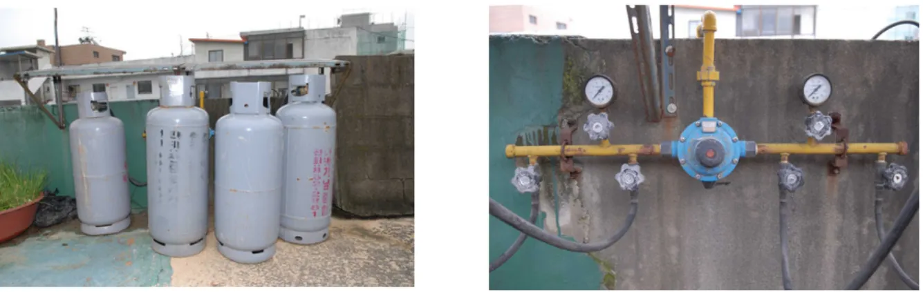 Fig. 1. Four LPG cylinders and the pressure regulator on the rooftop 소방사 대원과 A가 확인 점검차 다시 옥상으로 올라가는 것을 보고 옥상에 올라갔다가 밸브를 잠그고 내려온 소방차 운전 요원은 소방차에 탑승하여 여주소방서 상황실에 안전조치 완료하였다고 무전으로 알렸다