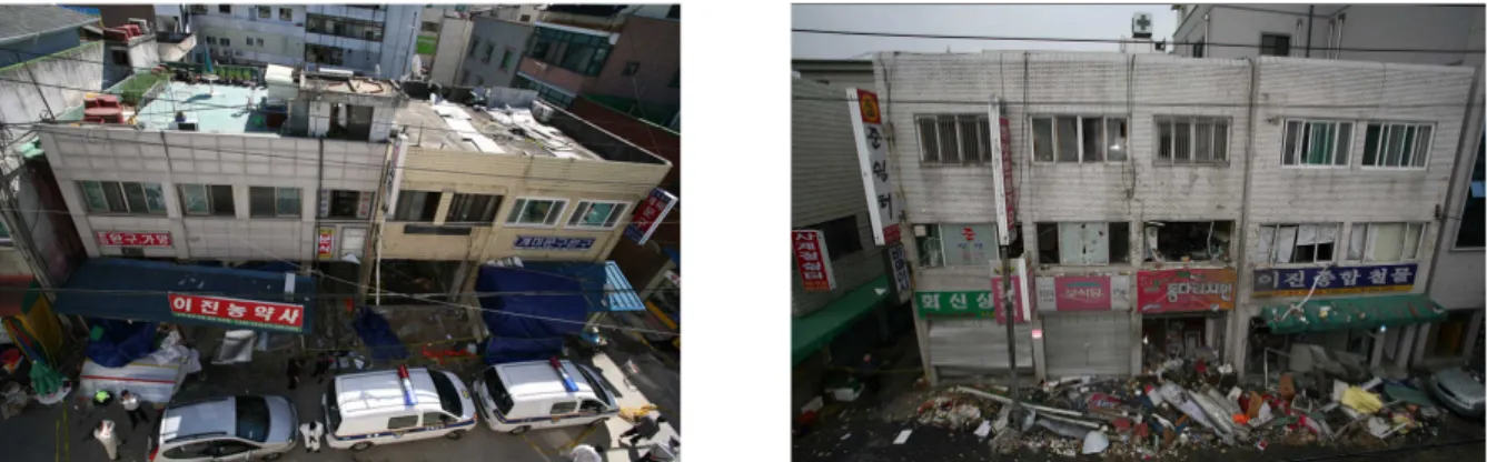 Fig. 5. A building opposite the building where the explosion occurred 가스폭발사고 원인 조사 가스폭발사고 원인은 여주소방서, 국립과학수사연구원 모두 아래와 같이 옥상에서 지하 다방으로 연결된 가스배관 중 2 층 교회(공실)의 주방 부분에 설치된 염화비닐호스와 금속배관 접속부위가 이탈되면서 다량의 가스가 누출된 후 불상의 점 화원에 의해 폭발한 것으로 추정하고 있다