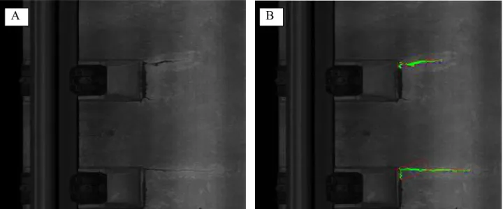 Fig. 5의 A,C는 실험을 통한 철도 콘크리트 궤도 주변의 퍼지는 균열 이미지를 보여 준다. ACTCAS프로세스에서 얻은  결과는 Fig. 5의 B, D에 나와 있으며, 본 논문에서 제시한 자동 균열 검출 과정에서 균열의 탐지율을 평가하기 위해 임의로  획득한 영상을 선택하여 검출하였다.