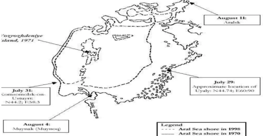 Fig. 4. Voyage of Lev Berg, July-August, 1971(Zelicoff,2003)2.5.  구소련  아랄스크  두창바이러스  유출사고구소련은  1954년 아랄해의 보즈로즈데니에(Vozrozhdeniye)섬에 생물무기 공장을 세우고 생물학무기 실험을 감행하기 시작했다 (공식명칭 아랄스크-7)