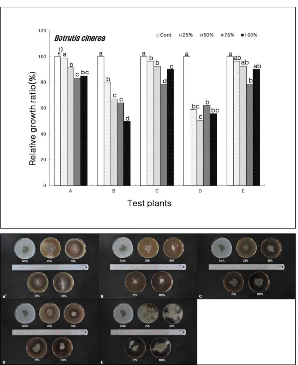 Fig. 5. Antimicrobial activity on the Botrytis cinerea.