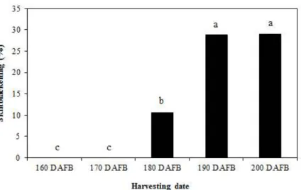 Fig. 3. Occurrence of fruit skin blackening of ‘Chuhwangbae’ pear trees as affected byhar- byhar-vesting at days after full bloom (DAFB) in 2013