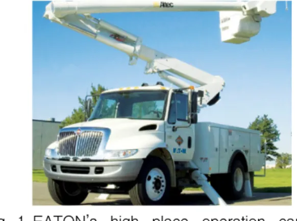 Fig. 1은 Eaton  사에서 개발한 IMV가 내장된 고소 작업차(Tower wagon, high place operation car)의 외 관을 보이는 것이다