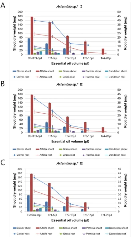 Fig. 6. Comparisons of shoot and root dry weights among the receptor plants treated with  the essential oil of Artemisia spp.