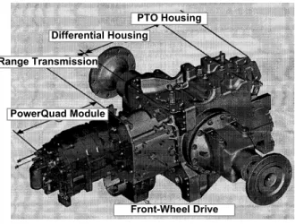 Fig.  6은 John  Deere사 트랙터에 적용되는 동력전 달장치  구성을  나타낸다.  부  변속(range  transmission)과  액슬(axle)은  동일하고  자동변속기 는 정유압 변속장치 방식으로 설계된 AutoQuad  모 델과 기어 열 방식의 PowerQuad  모델이 공용된다
