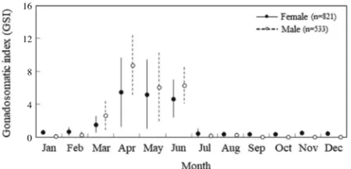 Fig. 6. Monthly changes in mean gonadosomatic index (±one stan- stan-dard deviation) for female and male chub mackerel from January to  December 2015.1612840