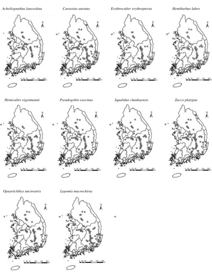Fig. 1. Map showing the sampling sites for each species in South Korea from 2009 to 2019.