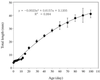 Fig. 3. Early growth of Cobitis nalbanti after hatching at water tem- tem-perature 25℃