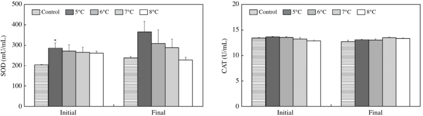 Fig. 5. Effect of low temperature on the enzymatic activities of superoxide dismutase (SOD) and catalase (CAT) in blood of red sea bream Pagrus  major exposed to different experimental group with decrease of sea water temperature.