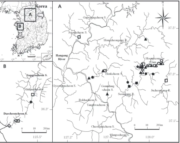 Fig. 1. Appearance stations of Rhodeus pseudosericeus in Korea from 1997 to 2014. ★: Chae and Yang (1993), ○: Song et al